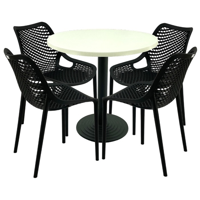 Set 4 scaune London Air negru suprapozabile cu masa rotunda 80x72cm Raki MAPLE blat werzalit si baza fonta 