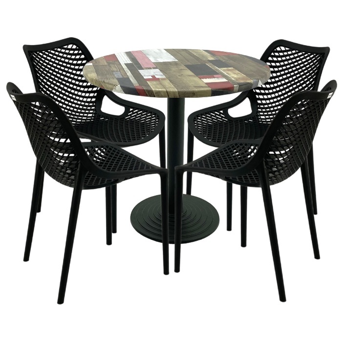 Set 4 scaune London Air negru suprapozabile cu masa rotunda 80x72cm Raki MAPLE blat werzalit si baza fonta 