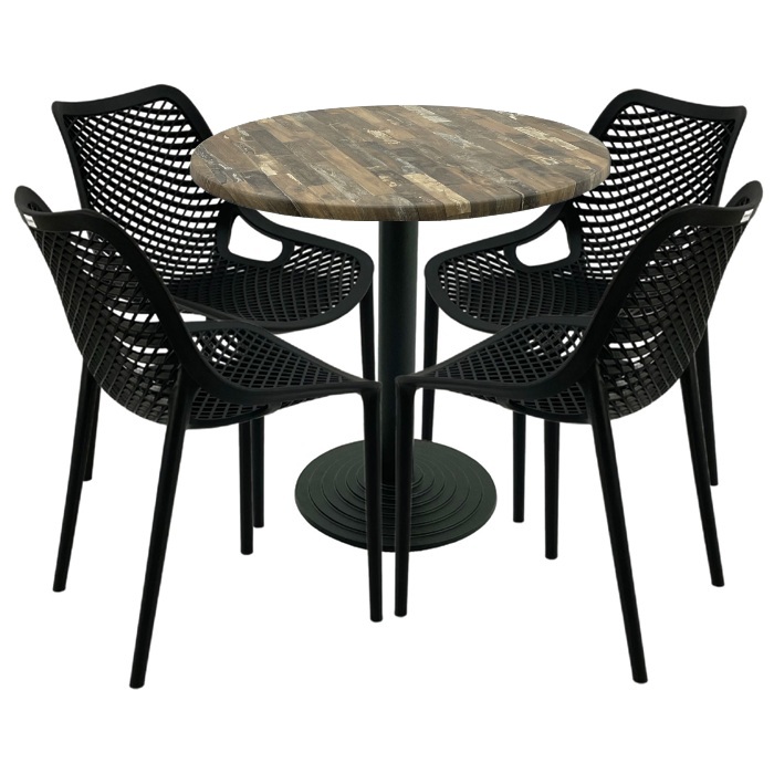 Set 4 scaune London Air negru suprapozabile cu masa rotunda 80x72cm Raki MAPLE blat werzalit si baza fonta 