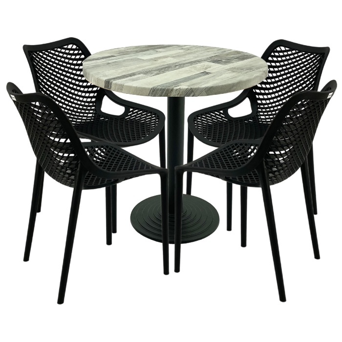 Set 4 scaune London Air negru suprapozabile cu masa rotunda 80x72cm Raki MAPLE blat werzalit si baza fonta 