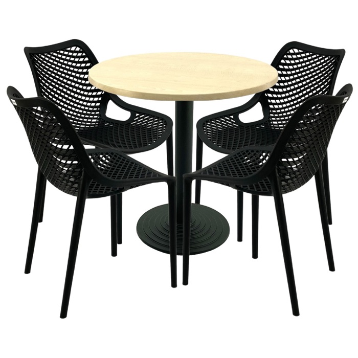 Set 4 scaune London Air negru suprapozabile cu masa rotunda 80x72cm Raki MAPLE blat werzalit si baza fonta 
