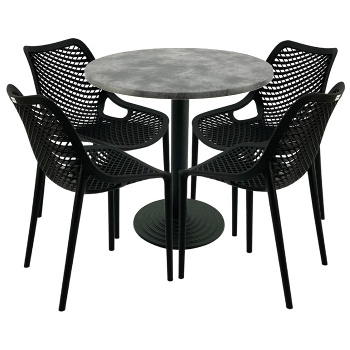 Set 4 scaune London Air negru suprapozabile cu masa rotunda 80x72cm Raki MAPLE blat werzalit si baza fonta 