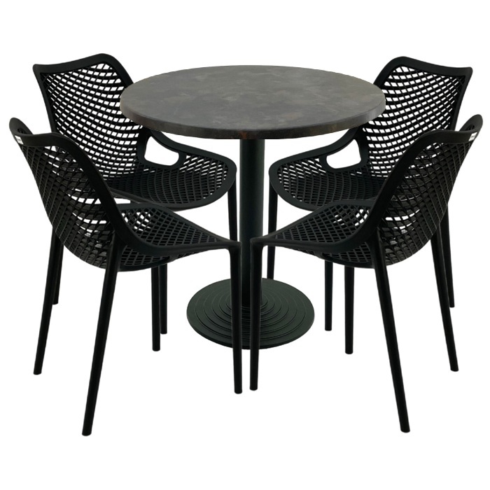 Set 4 scaune London Air negru suprapozabile cu masa rotunda 80x72cm Raki MAPLE blat werzalit si baza fonta 
