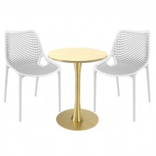 Set de mobila pentru terasa restaurant, 2 scaune London Air albe cu masa Raki Maple 60x74cm blat werzalit si picior central metalic,baza rotunda,auriu