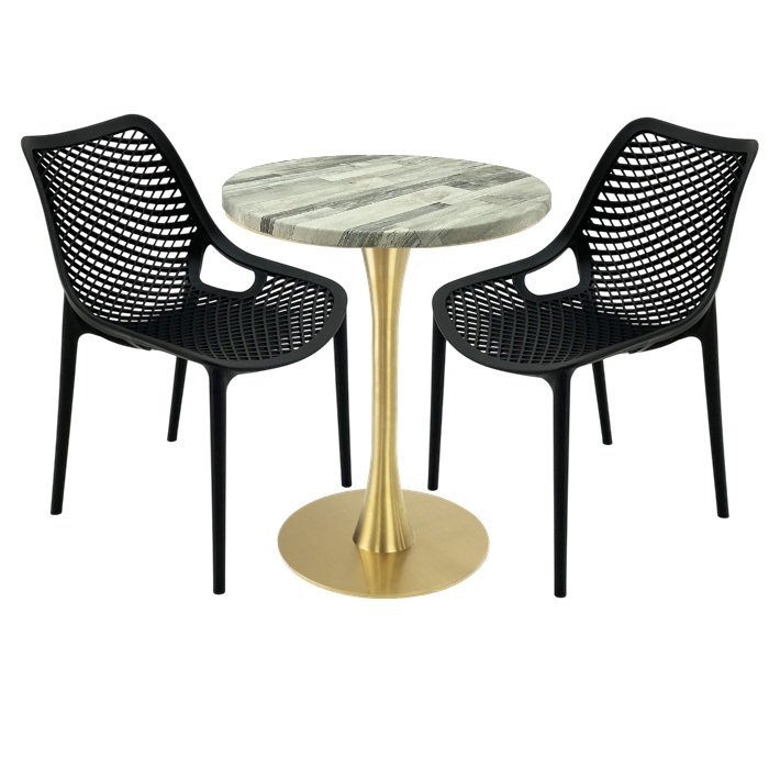 Set de mobila pentru terasa restaurant, 2 scaune London Air negru suprapozabile cu masa 60x72cm Raki MAPLE blat werzalit si picior central metalic,baza rotunda,auriu