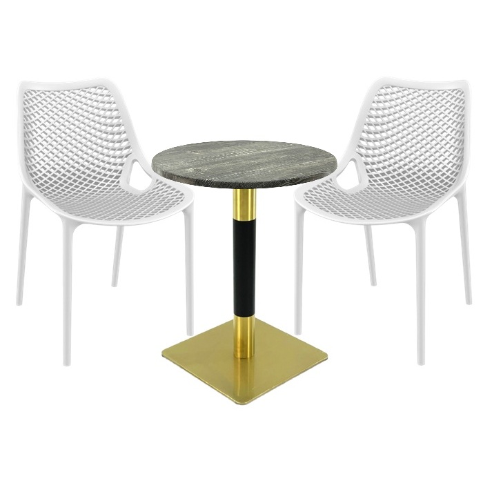 Set exterior bistro, 2 scaune London Air albe, masa rotunda 60x74cm Raki MAPLE blat werzalit cu picior metalic auriu/negru