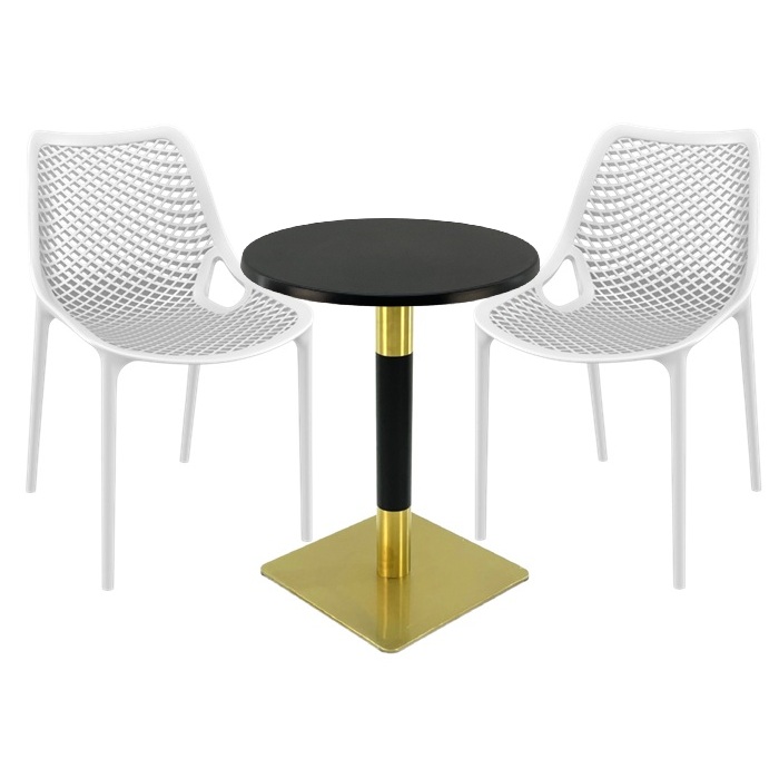 Set exterior bistro, 2 scaune London Air albe, masa rotunda 60x74cm Raki MAPLE blat werzalit cu picior metalic auriu/negru
