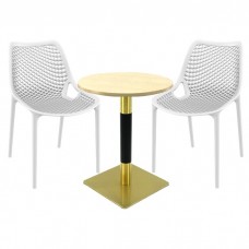 Set exterior bistro, 2 scaune London Air albe, masa rotunda 60x74cm Raki MAPLE blat werzalit cu picior metalic auriu/negru