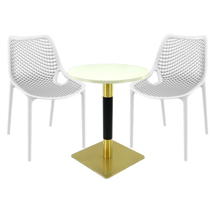 Set exterior bistro, 2 scaune London Air albe, masa rotunda 60x74cm Raki MAPLE blat werzalit cu picior metalic auriu/negru