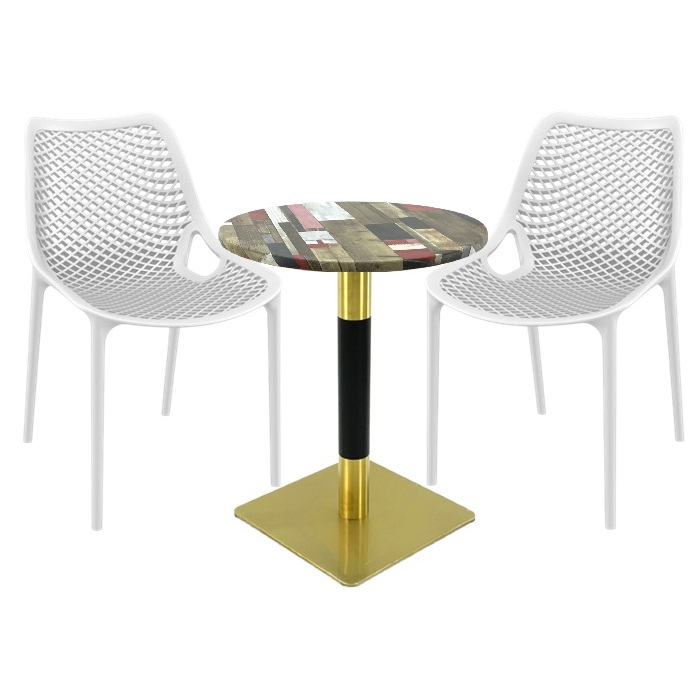 Set exterior bistro, 2 scaune London Air albe, masa rotunda 60x74cm Raki MAPLE blat werzalit cu picior metalic auriu/negru