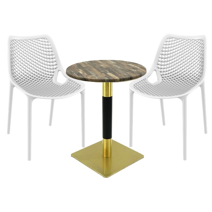 Set exterior bistro, 2 scaune London Air albe, masa rotunda 60x74cm Raki MAPLE blat werzalit cu picior metalic auriu/negru
