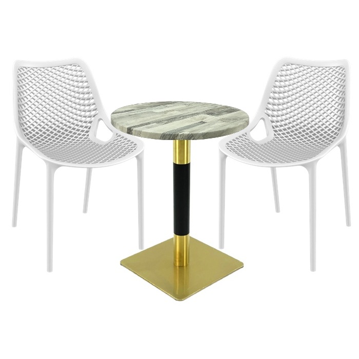 Set exterior bistro, 2 scaune London Air albe, masa rotunda 60x74cm Raki MAPLE blat werzalit cu picior metalic auriu/negru