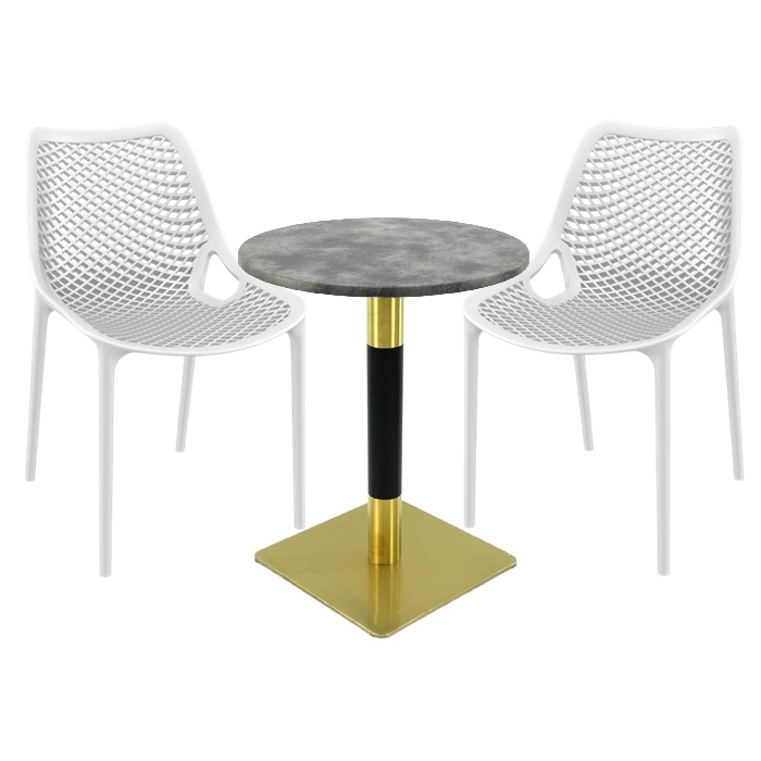 Set exterior bistro, 2 scaune London Air albe, masa rotunda 60x74cm Raki MAPLE blat werzalit cu picior metalic auriu/negru