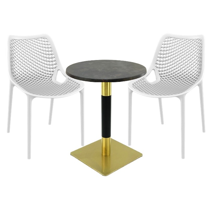 Set exterior bistro, 2 scaune London Air albe, masa rotunda 60x74cm Raki MAPLE blat werzalit cu picior metalic auriu/negru
