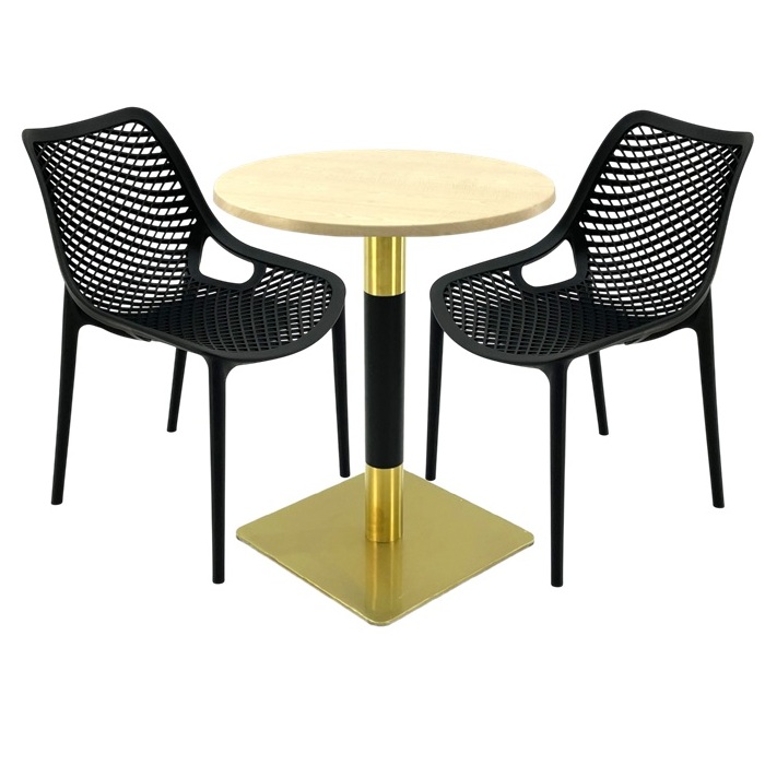 Set exterior bistro, 2 scaune London Air negru suprapozabile cu masa rotunda 60x72cm Raki MAPLE blat werzalit si picior metalic auriu/negru