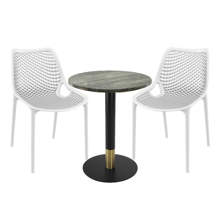 Set masa si scaune bistro Raki Maple, 2 scaune London Air albe, masa 60x74cm blat werzalit , picior metalic,baza rotunda,negru/auriu