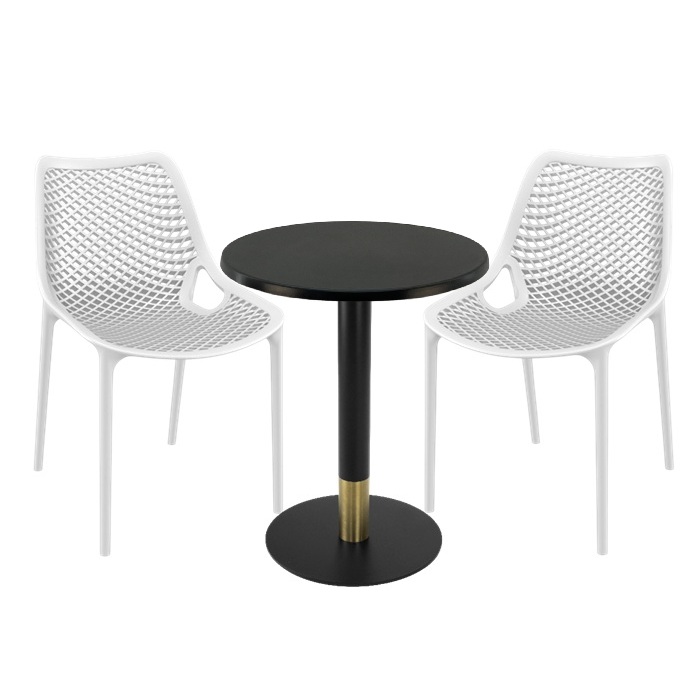 Set masa si scaune bistro Raki Maple, 2 scaune London Air albe, masa 60x74cm blat werzalit , picior metalic,baza rotunda,negru/auriu