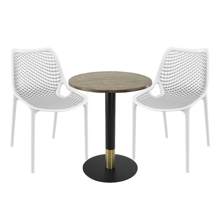 Set masa si scaune bistro Raki Maple, 2 scaune London Air albe, masa 60x74cm blat werzalit , picior metalic,baza rotunda,negru/auriu