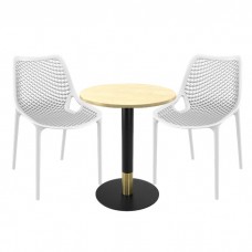 Set masa si scaune bistro Raki Maple, 2 scaune London Air albe, masa 60x74cm blat werzalit , picior metalic,baza rotunda,negru/auriu
