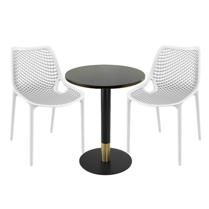 Set masa si scaune bistro Raki Maple, 2 scaune London Air albe, masa 60x74cm blat werzalit , picior metalic,baza rotunda,negru/auriu