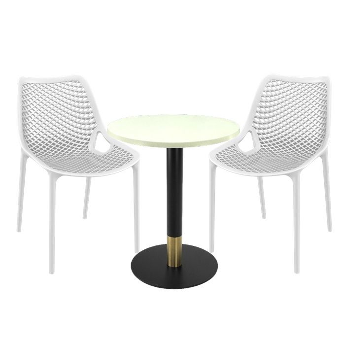 Set masa si scaune bistro Raki Maple, 2 scaune London Air albe, masa 60x74cm blat werzalit , picior metalic,baza rotunda,negru/auriu