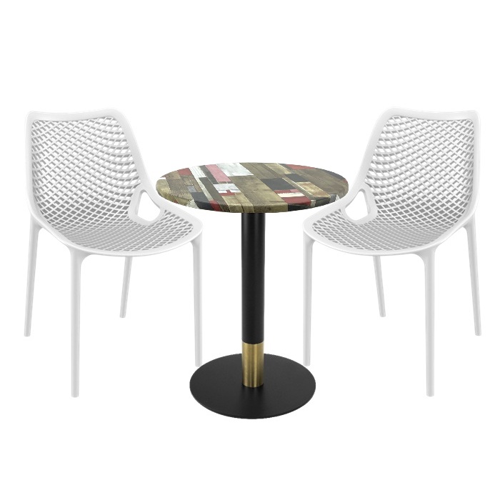 Set masa si scaune bistro Raki Maple, 2 scaune London Air albe, masa 60x74cm blat werzalit , picior metalic,baza rotunda,negru/auriu