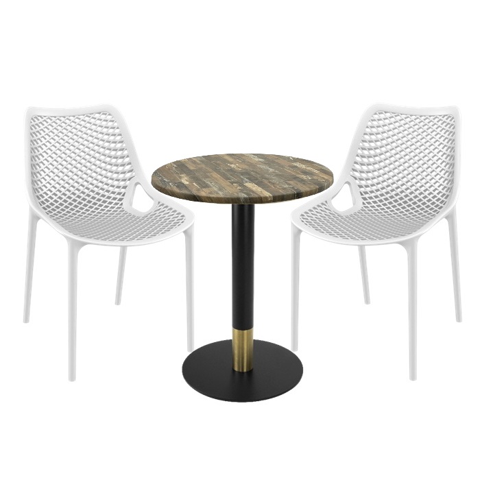 Set masa si scaune bistro Raki Maple, 2 scaune London Air albe, masa 60x74cm blat werzalit , picior metalic,baza rotunda,negru/auriu