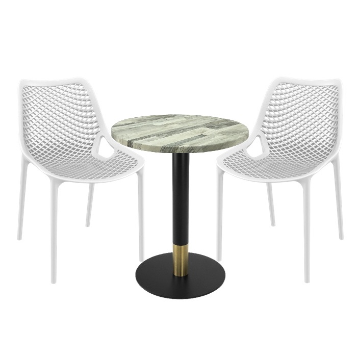 Set masa si scaune bistro Raki Maple, 2 scaune London Air albe, masa 60x74cm blat werzalit , picior metalic,baza rotunda,negru/auriu