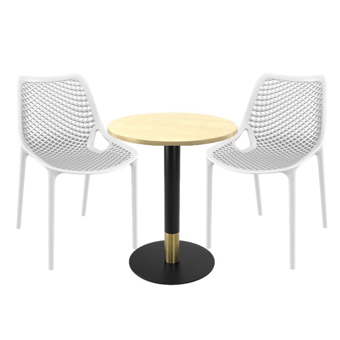 Set masa si scaune bistro Raki Maple, 2 scaune London Air albe, masa 60x74cm blat werzalit , picior metalic,baza rotunda,negru/auriu