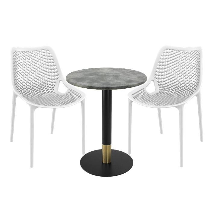 Set masa si scaune bistro Raki Maple, 2 scaune London Air albe, masa 60x74cm blat werzalit , picior metalic,baza rotunda,negru/auriu