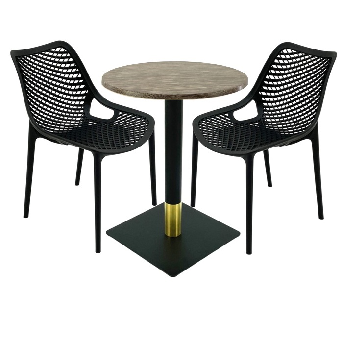 Set masa si scaune cafenea, 2 scaune London Air negru suprapozabile cu masa rotunda 60x72cm Raki MAPLE blat werzalit si picior metalic negru/auriu