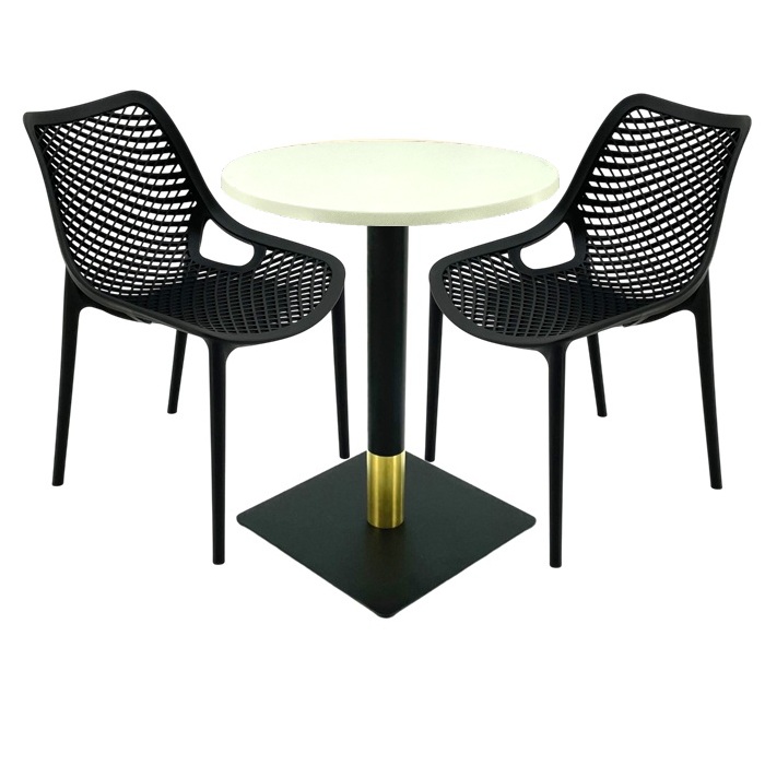 Set masa si scaune cafenea, 2 scaune London Air negru suprapozabile cu masa rotunda 60x72cm Raki MAPLE blat werzalit si picior metalic negru/auriu