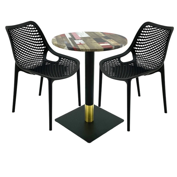 Set masa si scaune cafenea, 2 scaune London Air negru suprapozabile cu masa rotunda 60x72cm Raki MAPLE blat werzalit si picior metalic negru/auriu