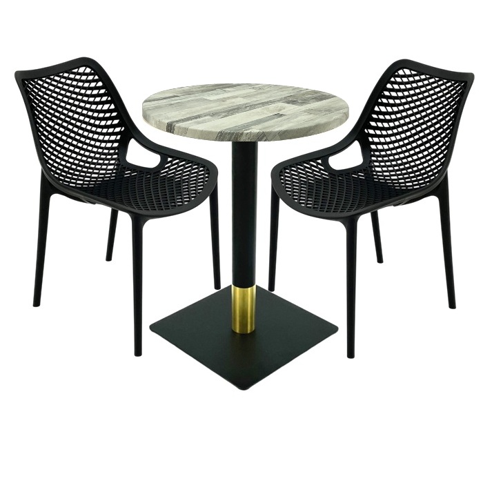 Set masa si scaune cafenea, 2 scaune London Air negru suprapozabile cu masa rotunda 60x72cm Raki MAPLE blat werzalit si picior metalic negru/auriu