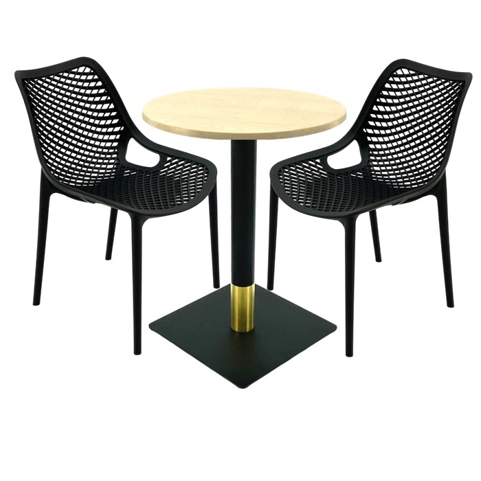 Set masa si scaune cafenea, 2 scaune London Air negru suprapozabile cu masa rotunda 60x72cm Raki MAPLE blat werzalit si picior metalic negru/auriu