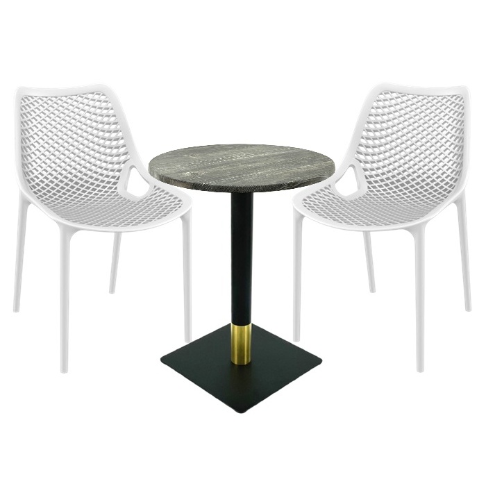 Set masa si scaune cafenea Raki Maple, 2 scaune London Air albe cu masa rotunda 60x74cm blat werzalit si picior metalic negru/auriu