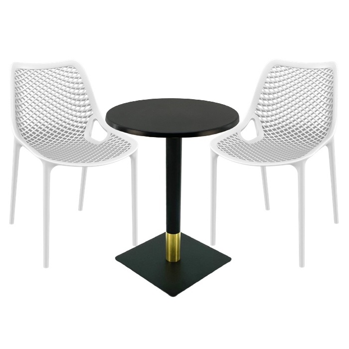 Set masa si scaune cafenea Raki Maple, 2 scaune London Air albe cu masa rotunda 60x74cm blat werzalit si picior metalic negru/auriu