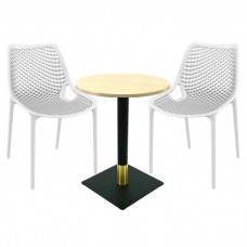 Set masa si scaune cafenea Raki Maple, 2 scaune London Air albe cu masa rotunda 60x74cm blat werzalit si picior metalic negru/auriu