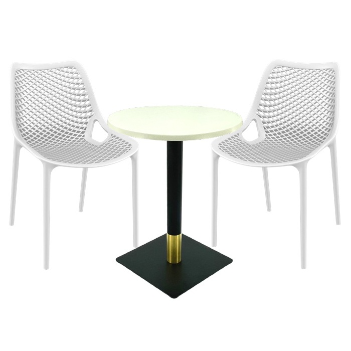 Set masa si scaune cafenea Raki Maple, 2 scaune London Air albe cu masa rotunda 60x74cm blat werzalit si picior metalic negru/auriu