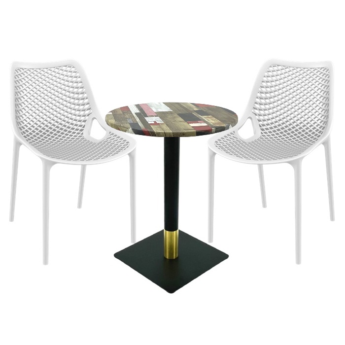 Set masa si scaune cafenea Raki Maple, 2 scaune London Air albe cu masa rotunda 60x74cm blat werzalit si picior metalic negru/auriu