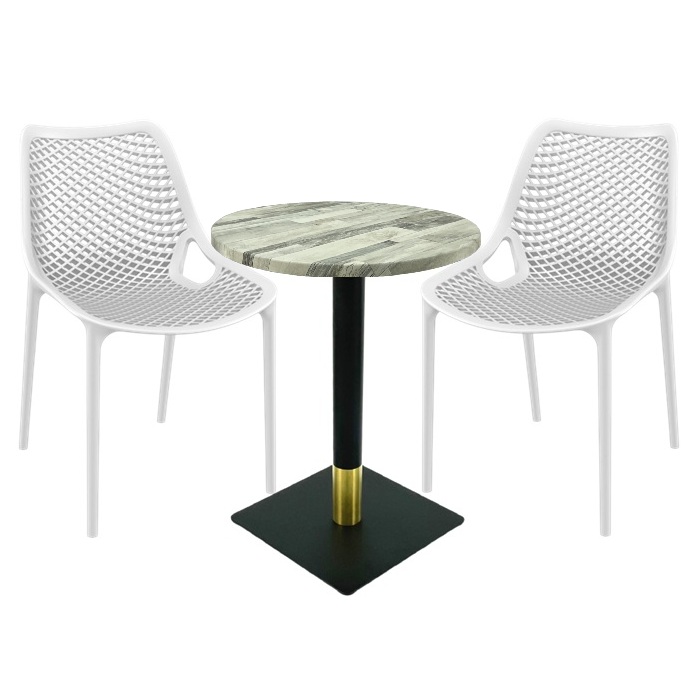 Set masa si scaune cafenea Raki Maple, 2 scaune London Air albe cu masa rotunda 60x74cm blat werzalit si picior metalic negru/auriu