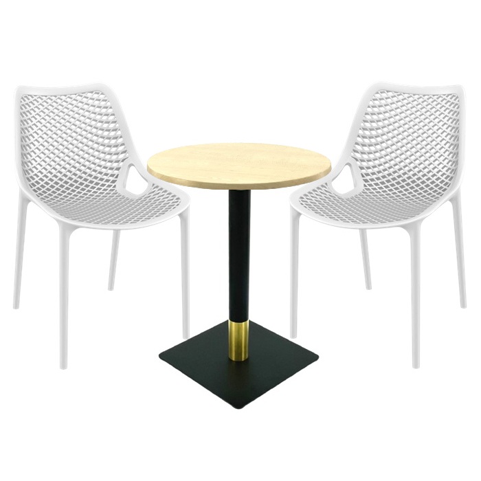 Set masa si scaune cafenea Raki Maple, 2 scaune London Air albe cu masa rotunda 60x74cm blat werzalit si picior metalic negru/auriu