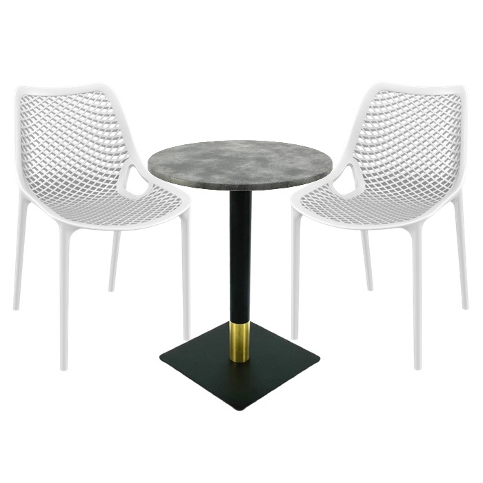 Set masa si scaune cafenea Raki Maple, 2 scaune London Air albe cu masa rotunda 60x74cm blat werzalit si picior metalic negru/auriu