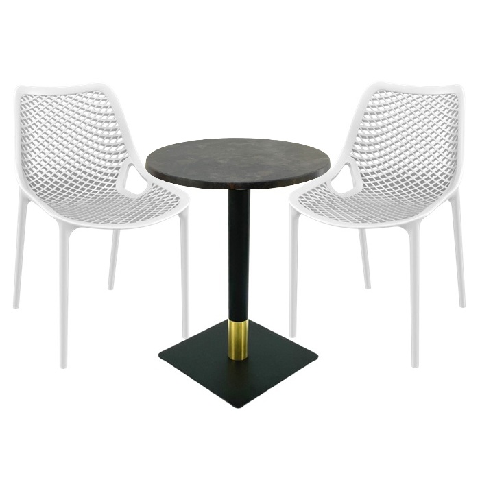 Set masa si scaune cafenea Raki Maple, 2 scaune London Air albe cu masa rotunda 60x74cm blat werzalit si picior metalic negru/auriu