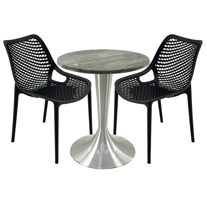 Set mobila, 2 scaune London Air negru suprapozabile cu masa rotunda 70x72cm Raki MAPLE blat werzalit si picior aluminiu 50cm
