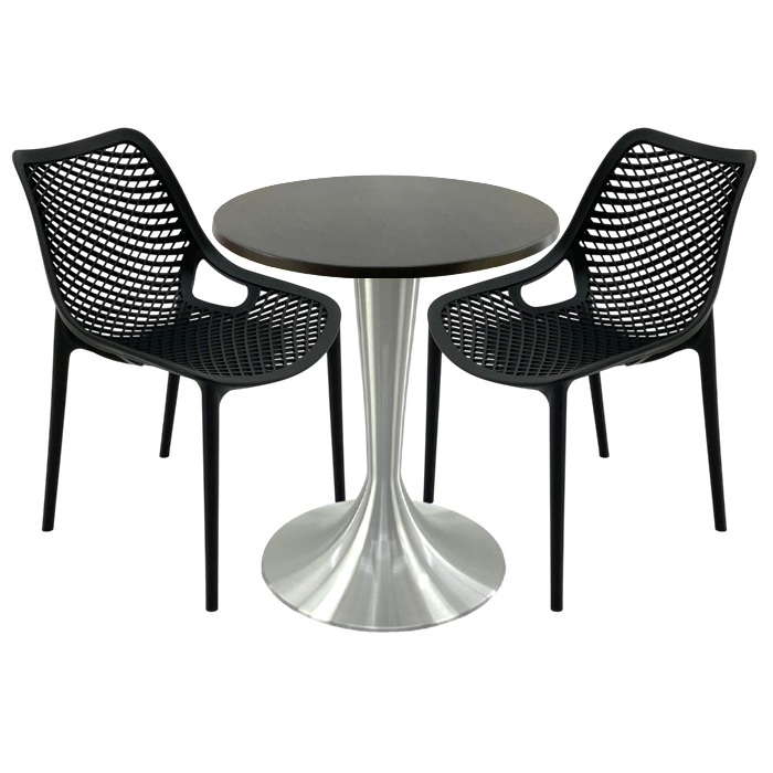 Set mobila, 2 scaune London Air negru suprapozabile cu masa rotunda 70x72cm Raki MAPLE blat werzalit si picior aluminiu 50cm