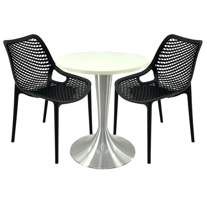 Set mobila, 2 scaune London Air negru suprapozabile cu masa rotunda 70x72cm Raki MAPLE blat werzalit si picior aluminiu 50cm