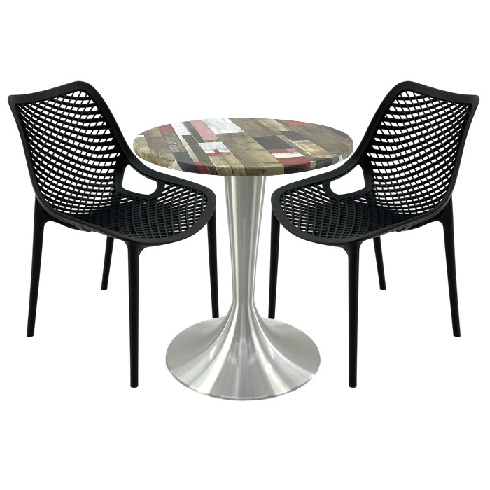 Set mobila, 2 scaune London Air negru suprapozabile cu masa rotunda 70x72cm Raki MAPLE blat werzalit si picior aluminiu 50cm