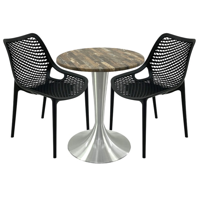 Set mobila, 2 scaune London Air negru suprapozabile cu masa rotunda 70x72cm Raki MAPLE blat werzalit si picior aluminiu 50cm