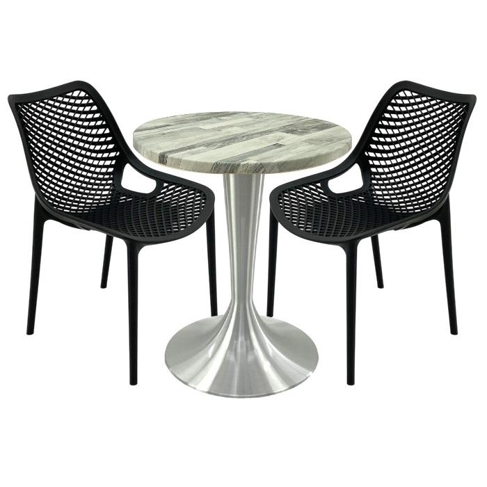 Set mobila, 2 scaune London Air negru suprapozabile cu masa rotunda 70x72cm Raki MAPLE blat werzalit si picior aluminiu 50cm